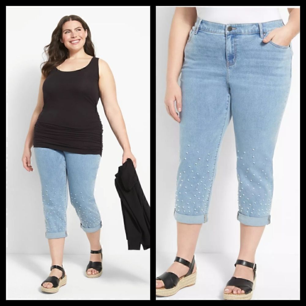 16W Lane Bryant Boyfriend Jean Capri Pearl Embellish Light Wash Mid Rise Faded